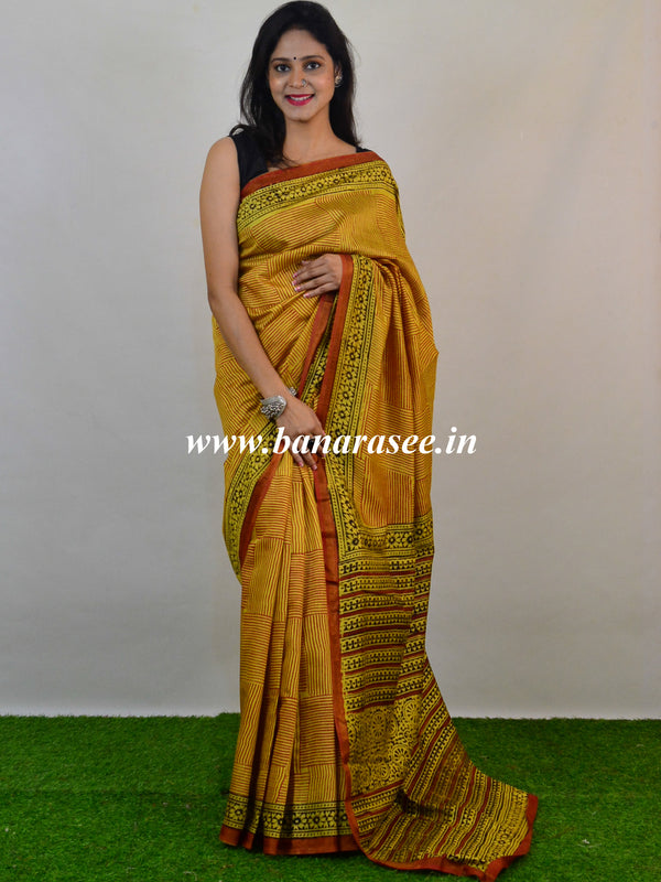 Banarasee Handloom Chanderi Bagru Block Printed Saree-Turmeric Yellow