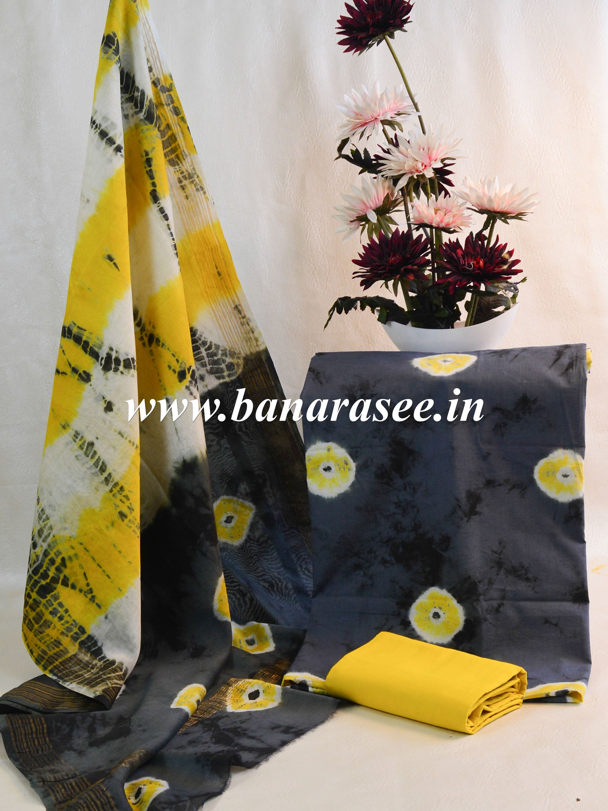 Handloom Mul Cotton Block Print Suit Set With Chanderi Dupatta-Yellow & Grey