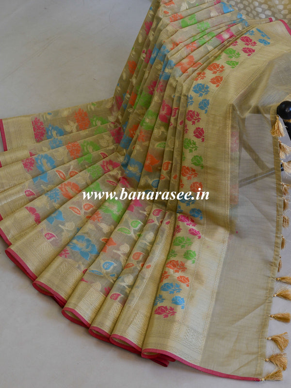Banarasee Cotton Silk Mix Saree With Silver Zari & Jaal Design-Beige