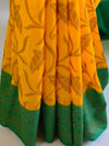 Banarasee Handwoven Semi Silk Saree With Contrast Border-Yellow & Green