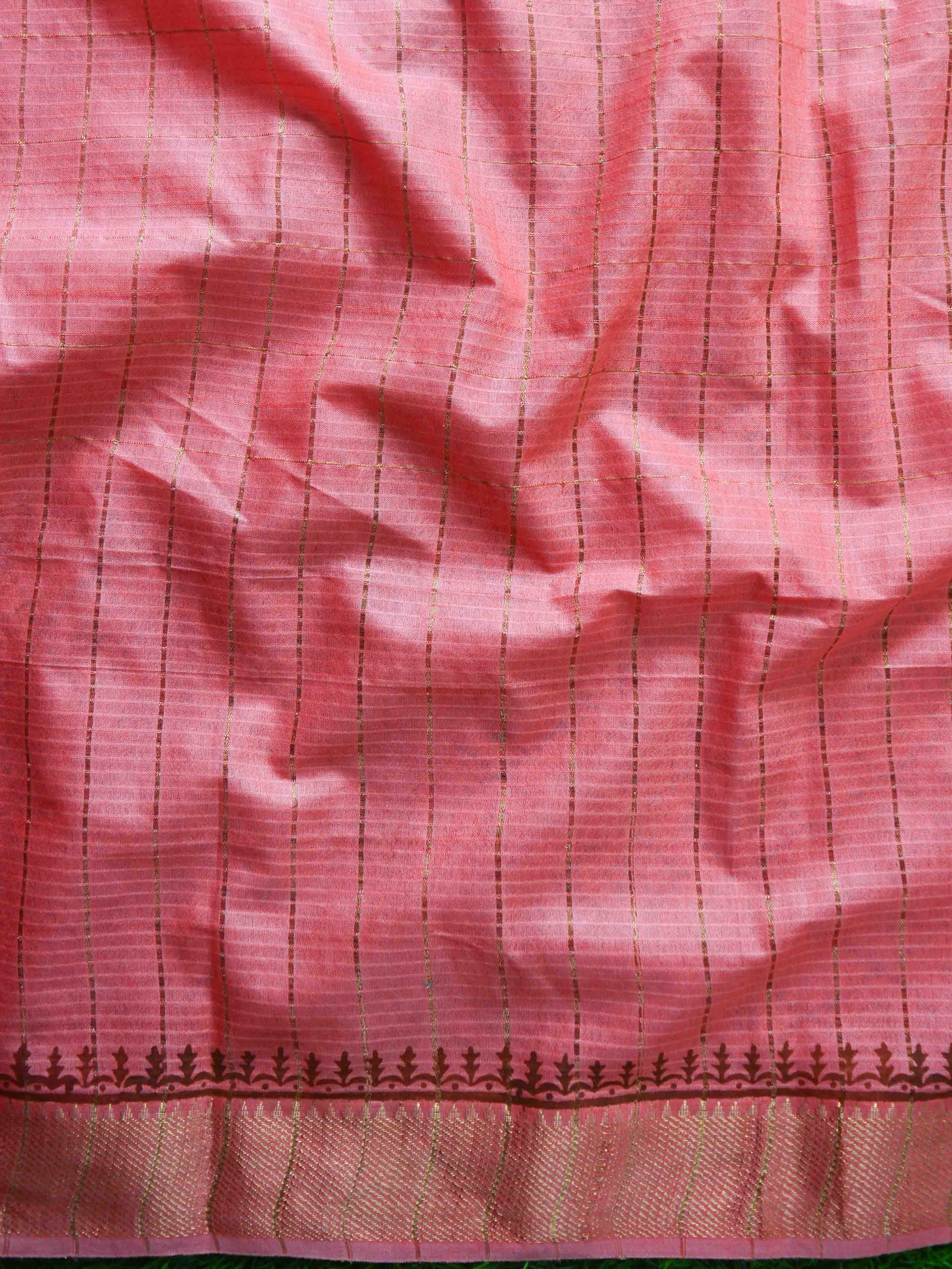 Bhagalpur Cotton Silk Hand-Block Printed Saree-Peach