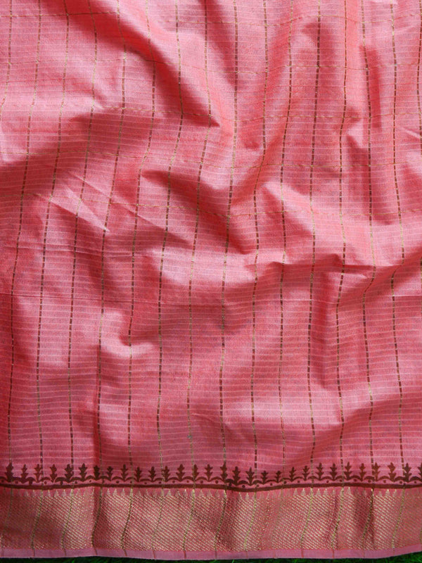Bhagalpur Cotton Silk Hand-Block Printed Saree-Peach