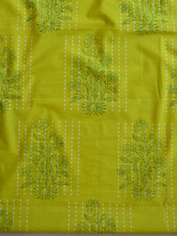 Handloom Mul Cotton Handblock Printed Suit Set-Lime Green & Red