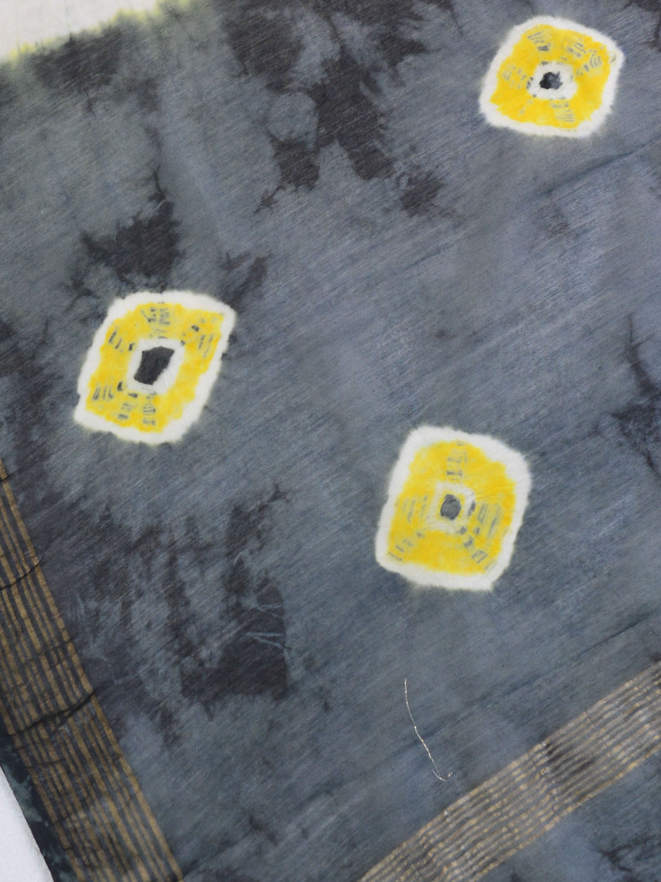 Handloom Mul Cotton Block Print Suit Set With Chanderi Dupatta-Yellow & Grey