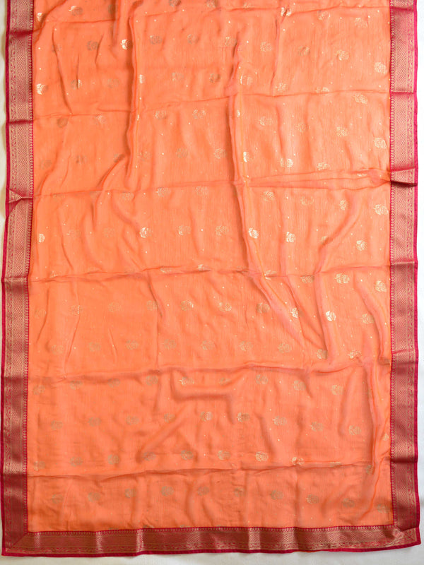 Banarasee Chiffon Blend Saree With Plain Body Zari Border & Brocade Blouse-Orange & Pink