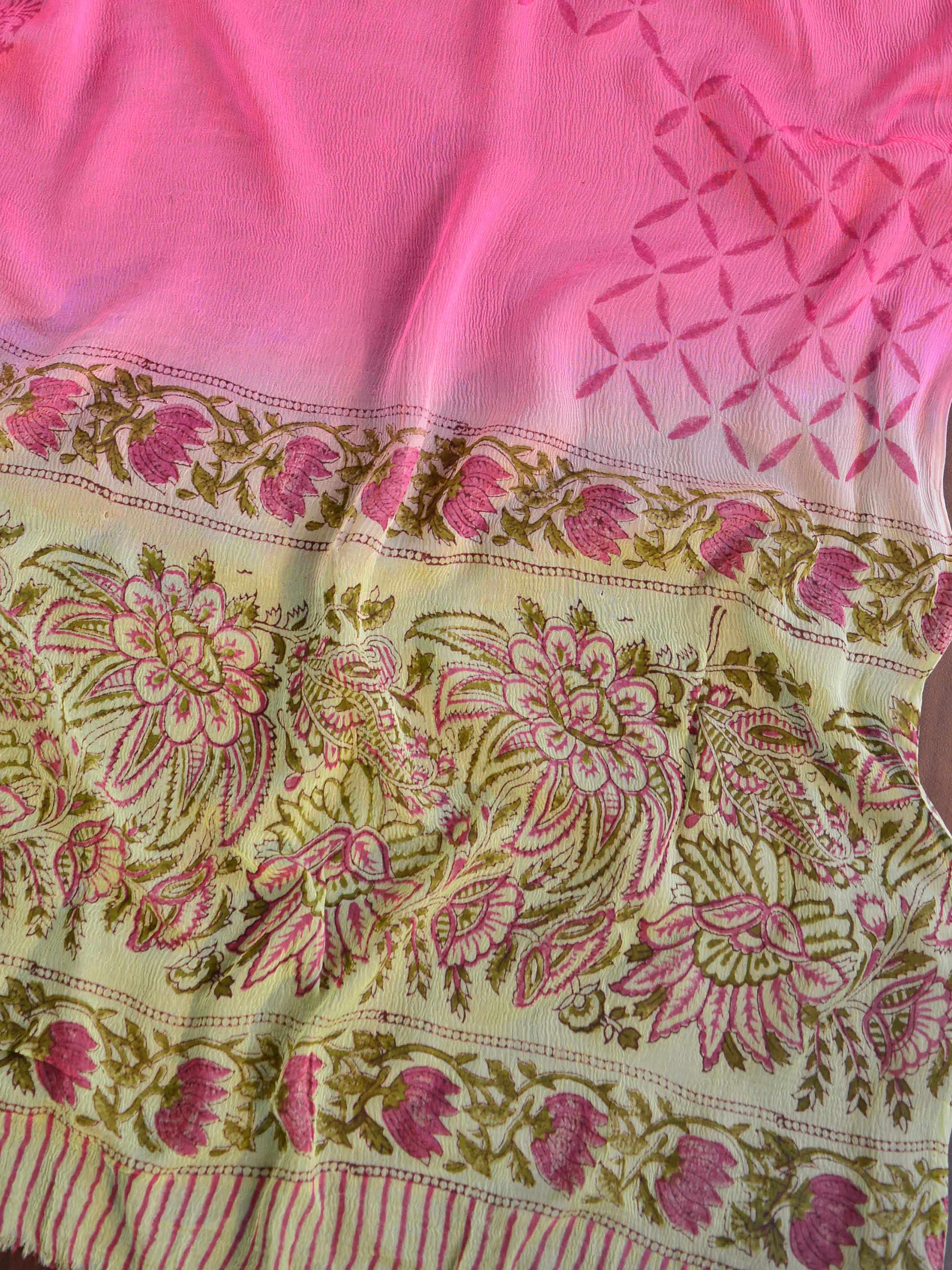 Handloom Mul Cotton Handblock Printed Suit Set With Chiffon Dupatta-Pink & Green