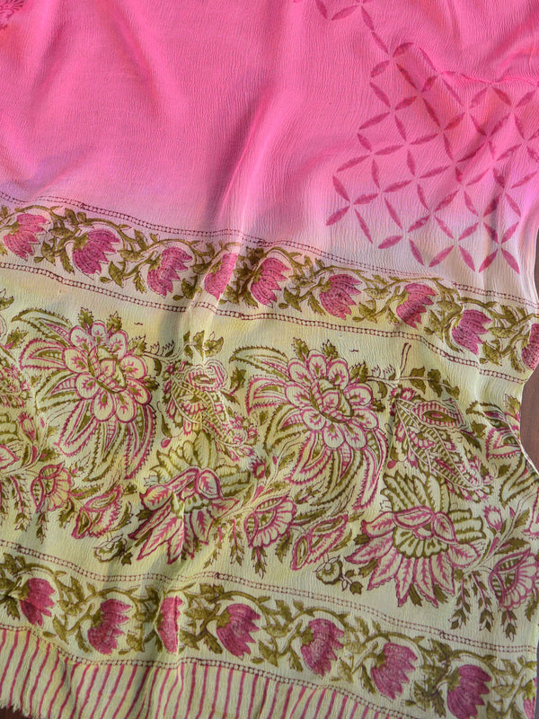 Handloom Mul Cotton Handblock Printed Suit Set With Chiffon Dupatta-Pink & Green