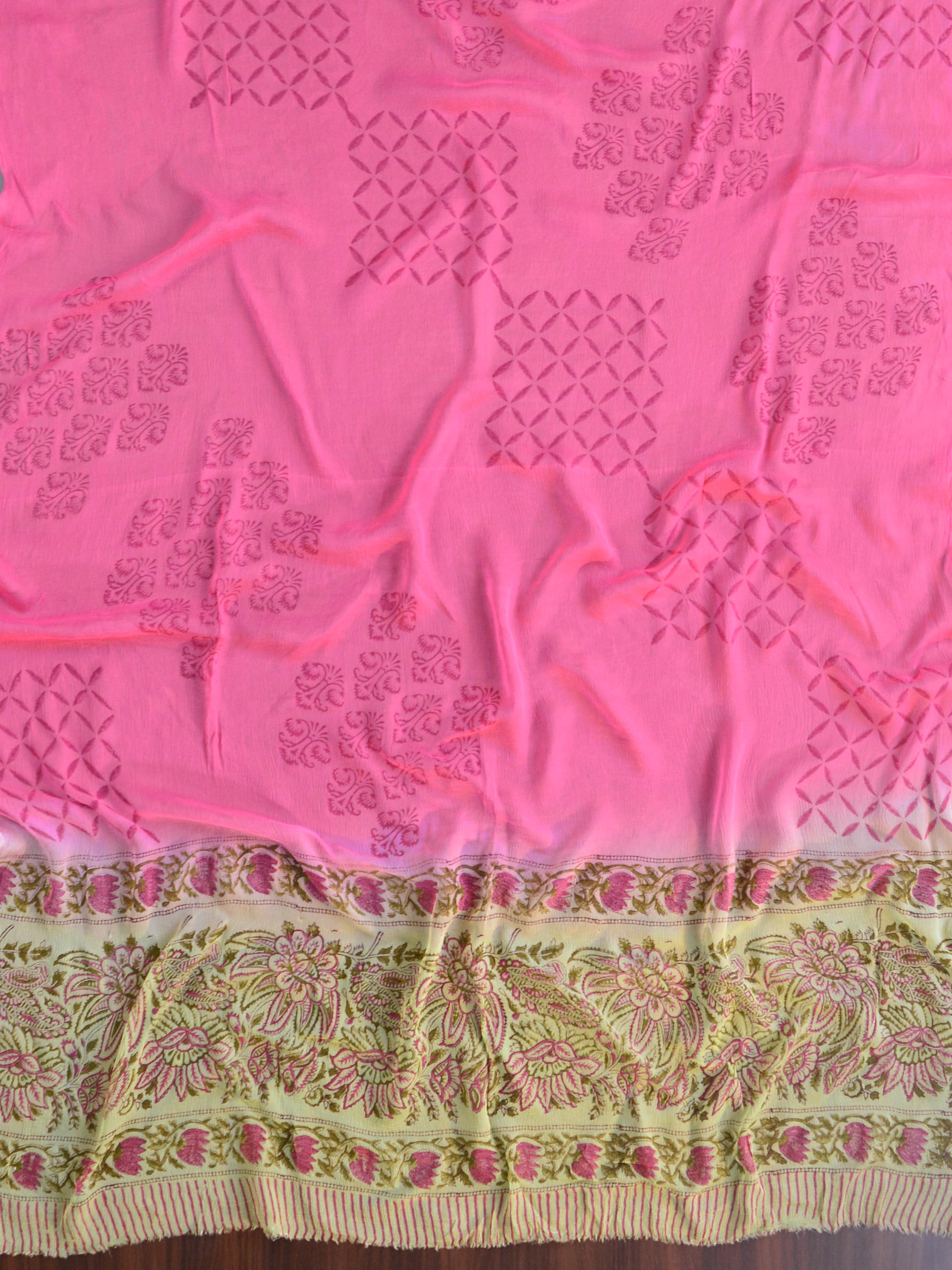 Handloom Mul Cotton Handblock Printed Suit Set With Chiffon Dupatta-Pink & Green