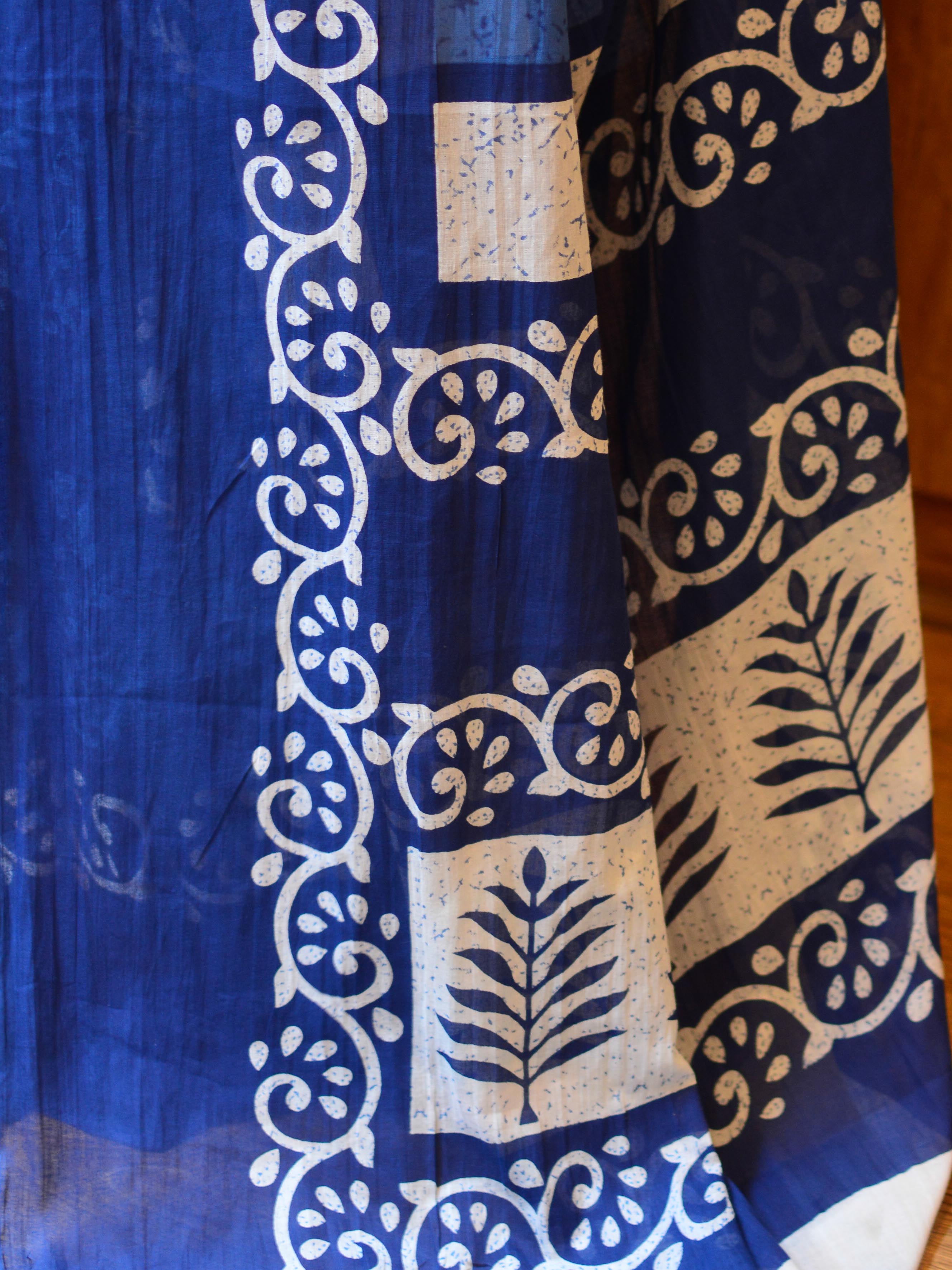 Handloom Mul Cotton Block Print Saree-Blue