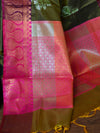Banarasee Handloom Linen Silk Mix Antique Zari Buta Saree-Olive Green