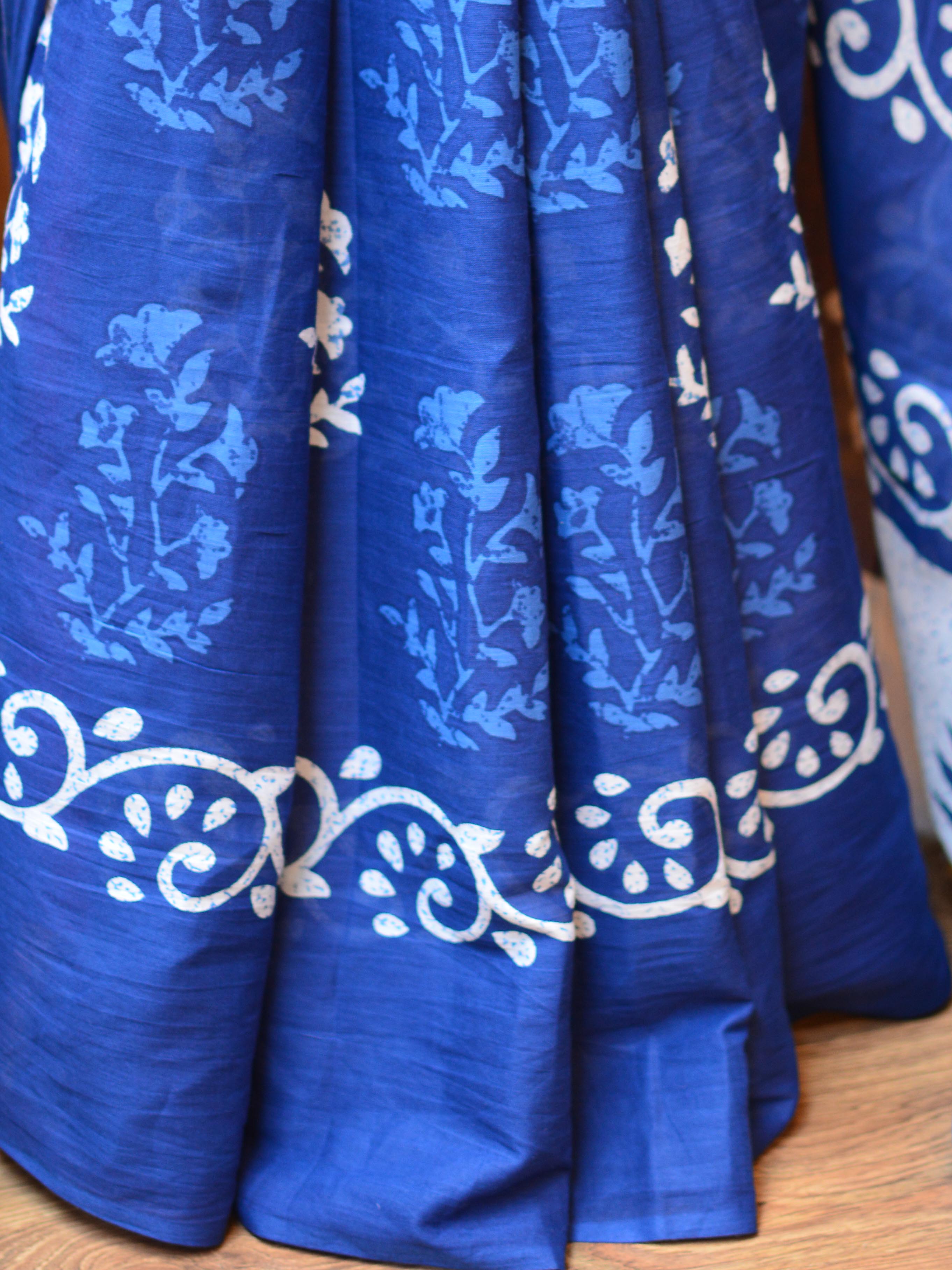 Handloom Mul Cotton Block Print Saree-Blue