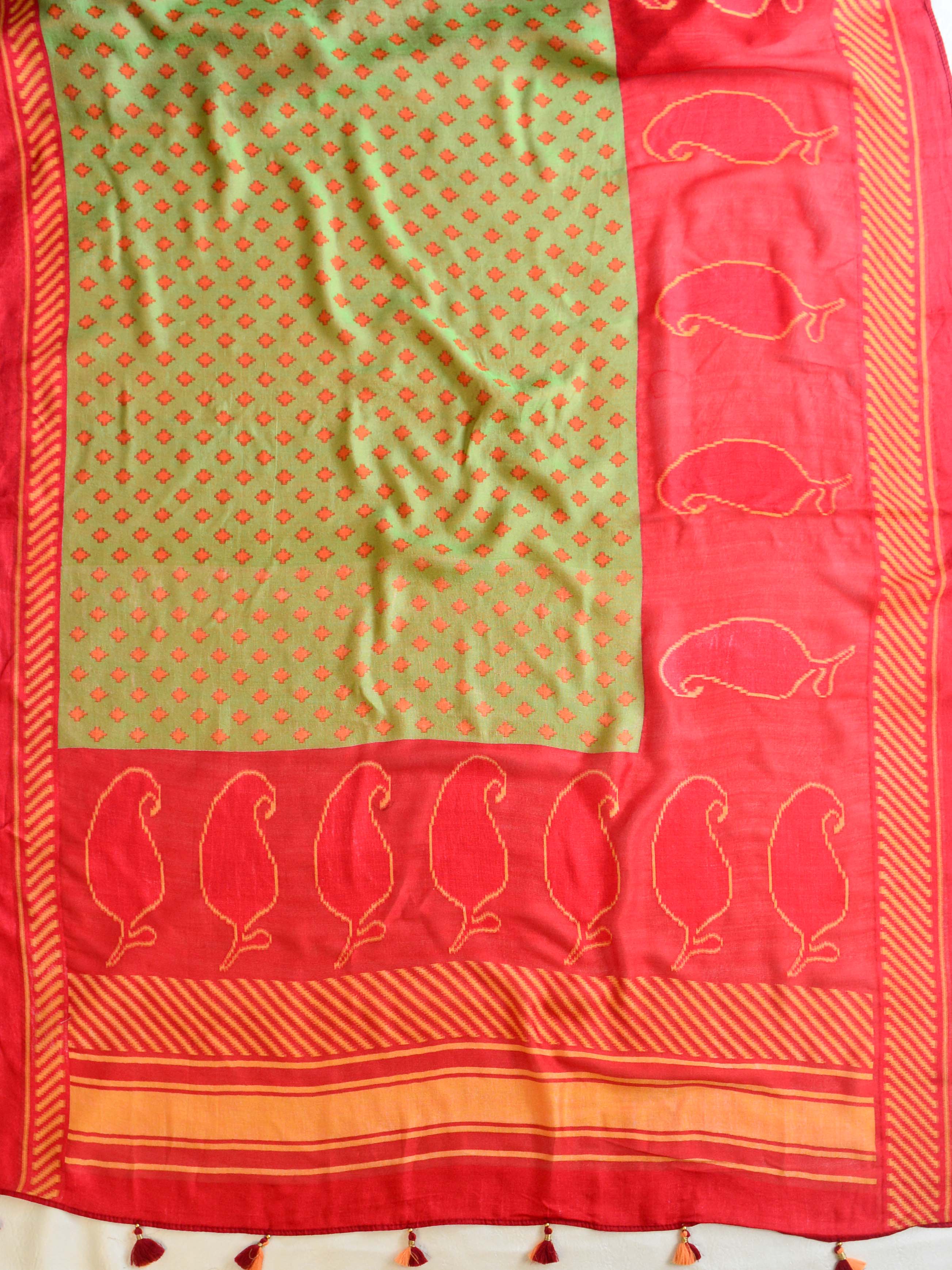 Banarasee Brasso Silk Patola Saree with Meena Border Design With Contrast Embroidered Blouse-Green