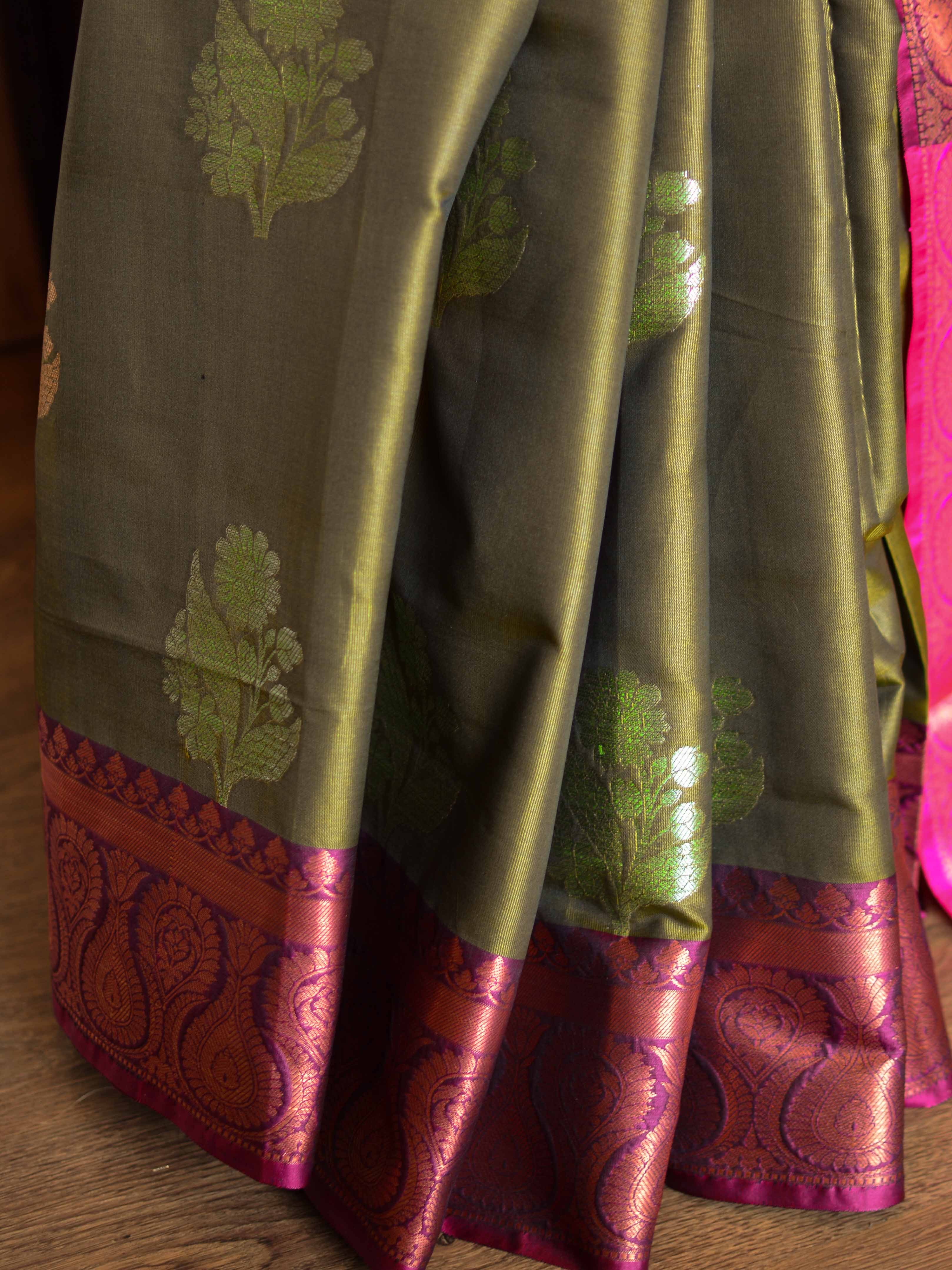 Banarasee Handloom Linen Silk Mix Antique Zari Buta Saree-Olive Green