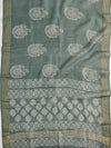 Handloom Mul Cotton Block Print Suit Set With Chanderi Dupatta-Green