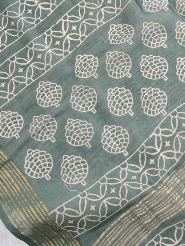 Handloom Mul Cotton Block Print Suit Set With Chanderi Dupatta-Green