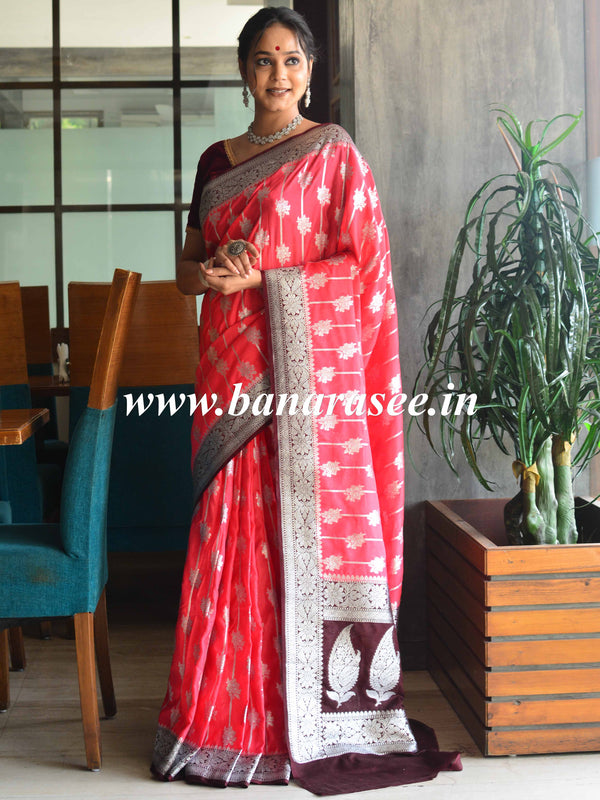 Banarasee Faux Georgette Saree With Silver Zari Jaal Work-Strawberry Red & Brown