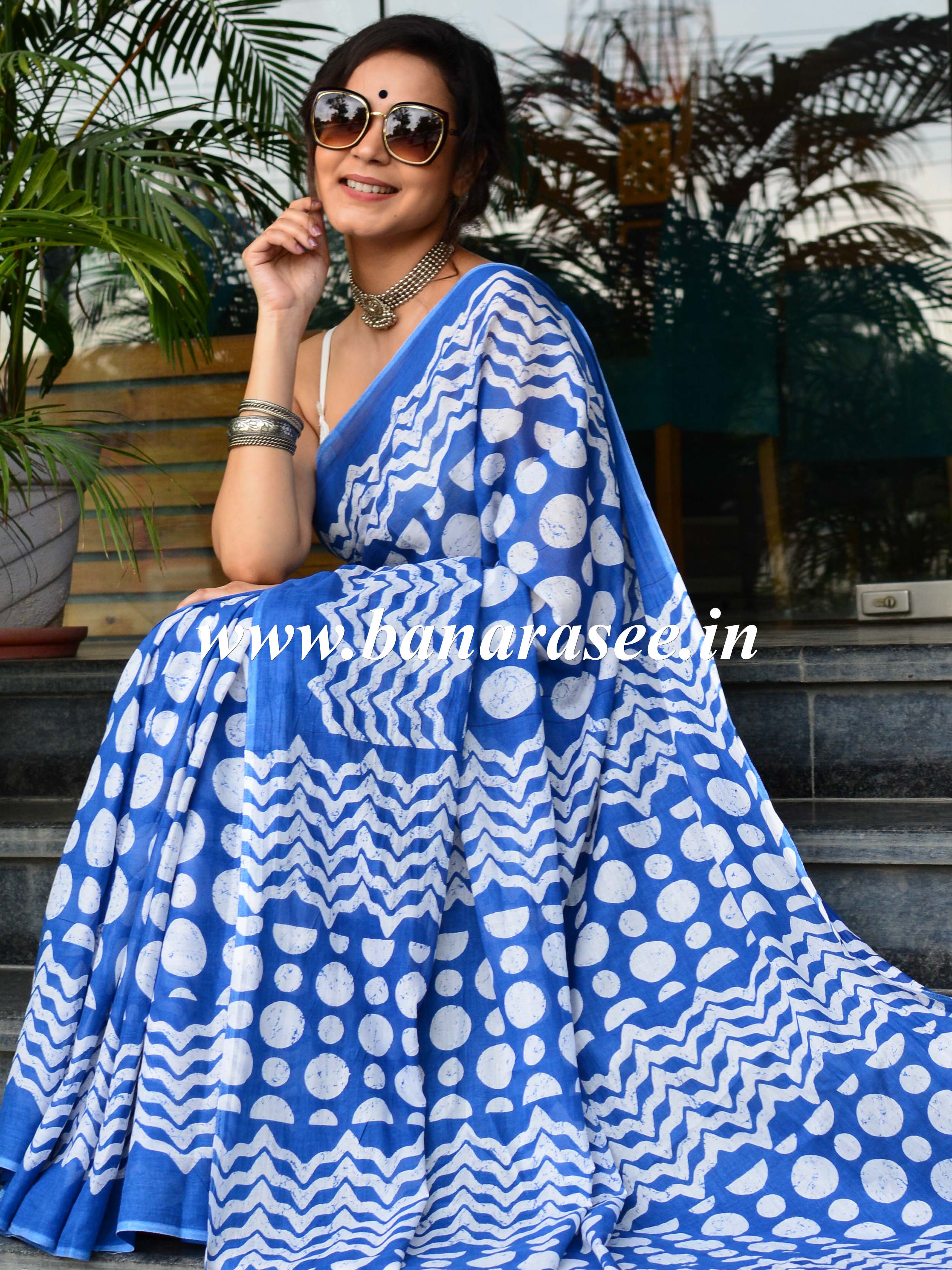Handloom Mul Cotton Block Print Saree-Blue & White
