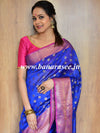 Banarasee Cotton Silk Saree With Antique Zari Buti & Contrast Floral Border-Blue