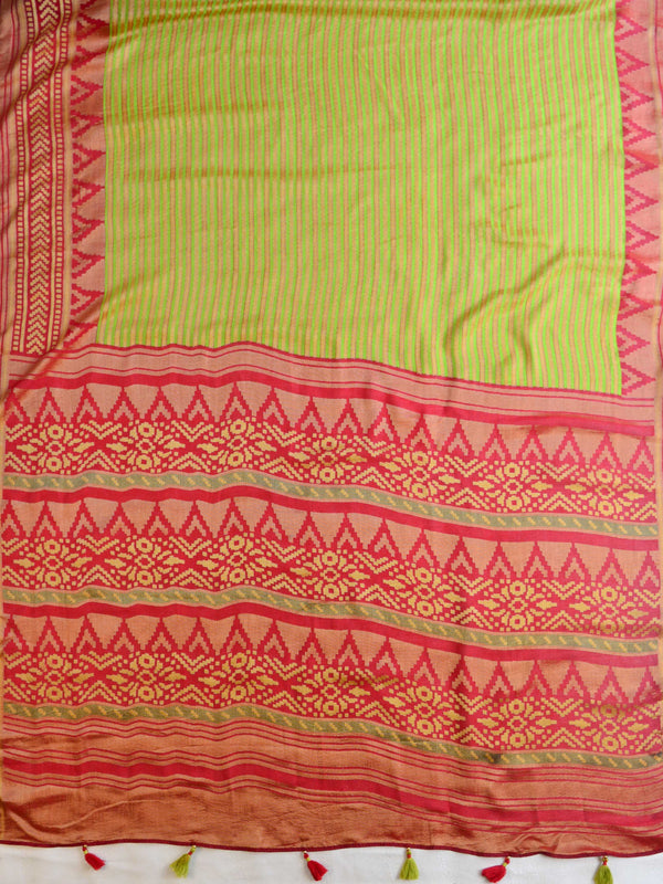 Banarasee Brasso Silk Patola Saree with Meena Border Design With Contrast Embroidered Blouse-Green