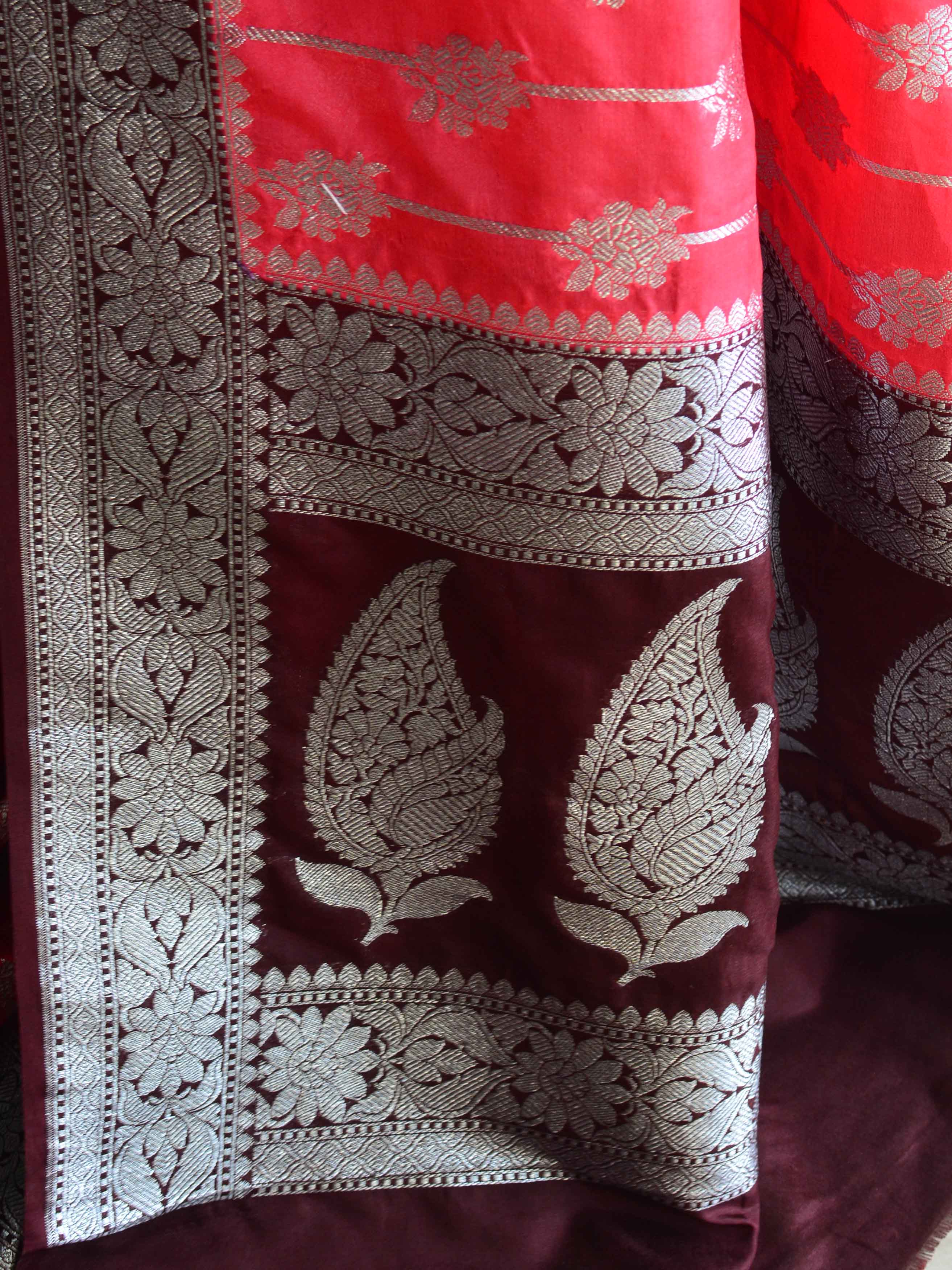 Banarasee Faux Georgette Saree With Silver Zari Jaal Work-Strawberry Red & Brown