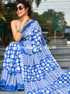 Handloom Mul Cotton Block Print Saree-Blue & White