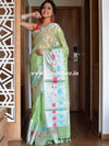 Banarasee Handwove Silk Cotton Saree With Silver Zari Jaal & Border-Green