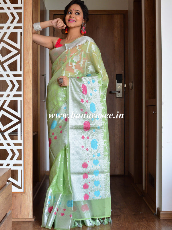 Banarasee Handwove Silk Cotton Saree With Silver Zari Jaal & Border-Green