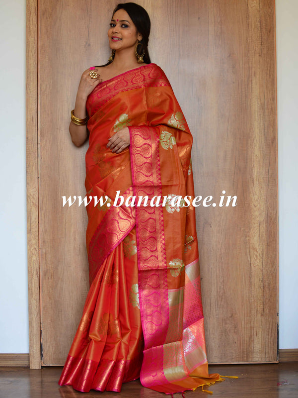 Banarasee Handloom Linen Silk Mix Antique Zari Buta Saree-Orange