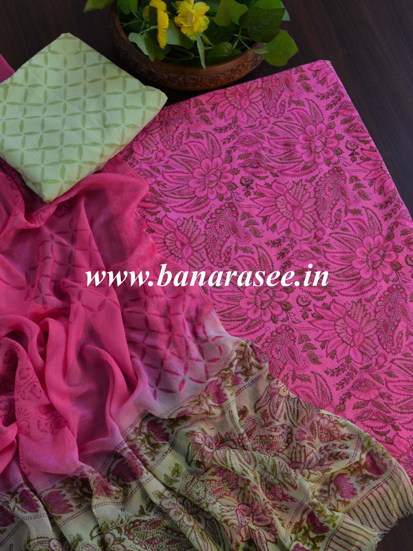Handloom Mul Cotton Handblock Printed Suit Set With Chiffon Dupatta-Pink & Green