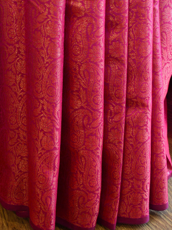 Kanjivaram Handwoven Semi Silk Saree With Jaal & Zari Border Design-Pink
