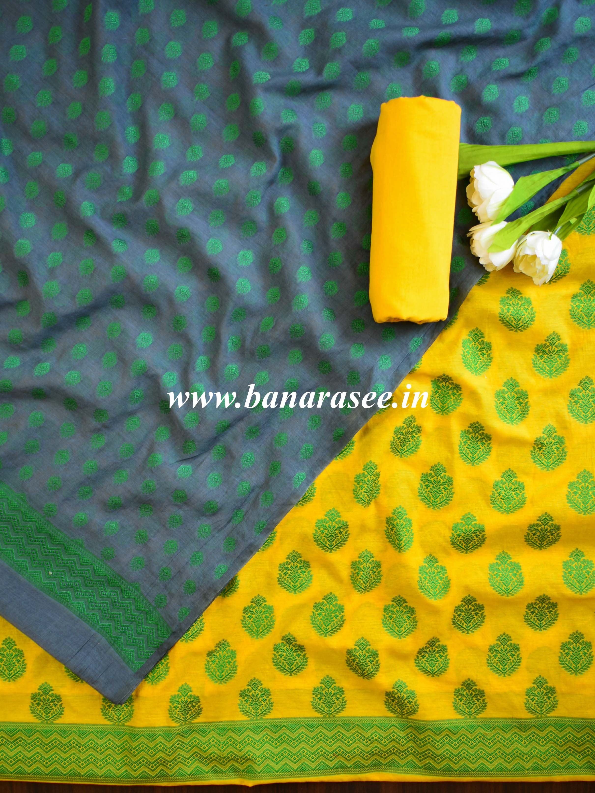 Banarasee Salwar Kameez Soft Cotton Resham Buti Fabric With Dupatta-Yellow & Grey
