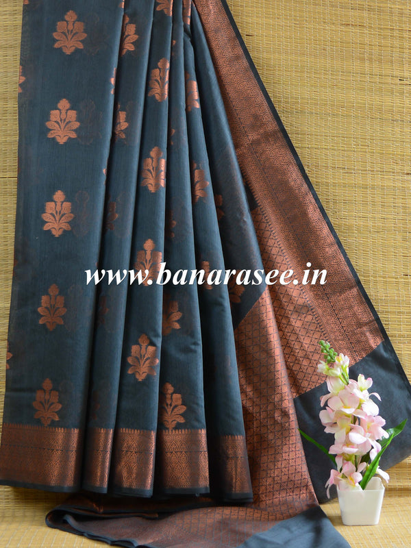 Banarasee Cotton Silk Saree With Copper Zari Buta & Border-Blue