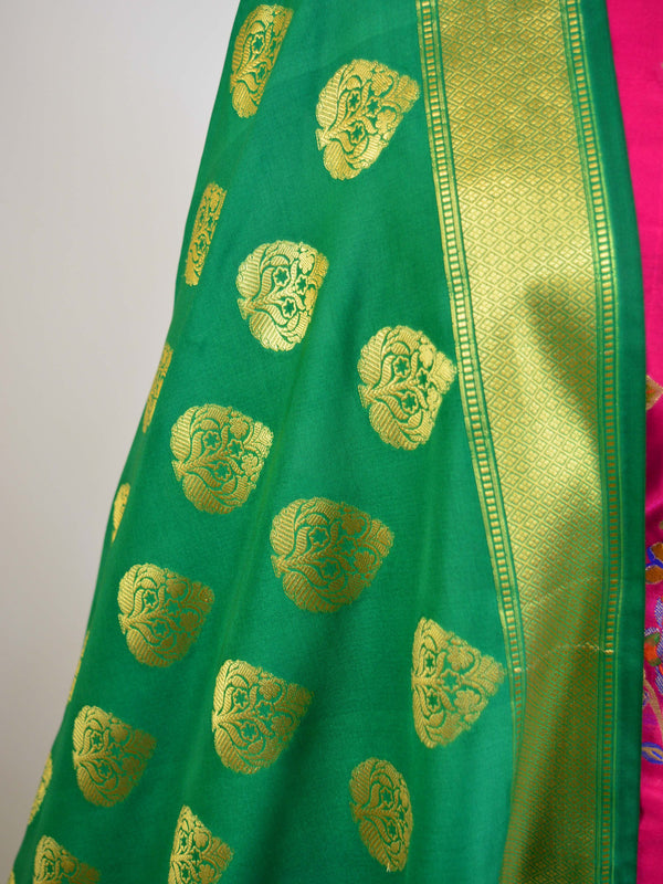 Banarasee Salwar Kameez Semi Katan Silk Zari & Meena Buta Fabric With Contrast Dupatta-Magenta