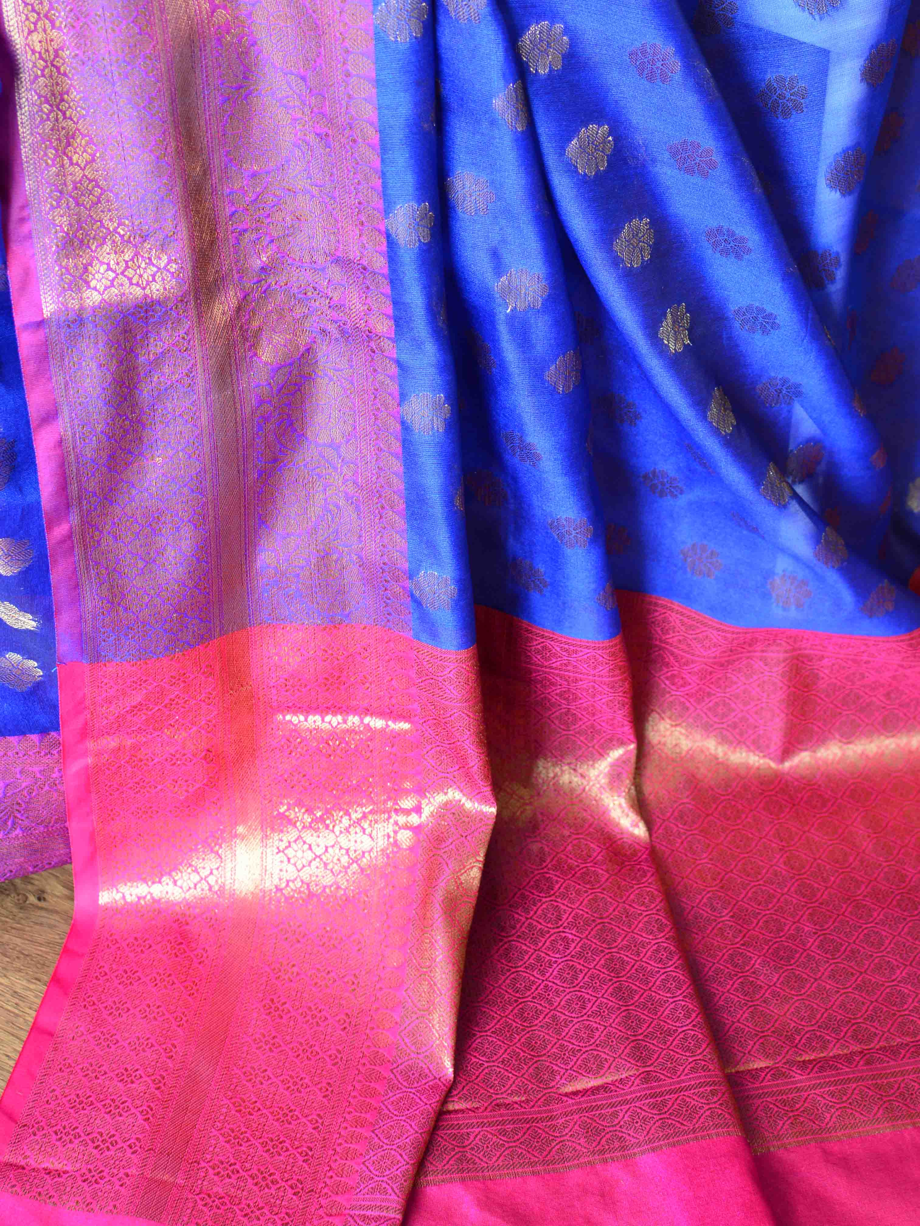 Banarasee Cotton Silk Saree With Antique Zari Buti & Contrast Floral Border-Blue