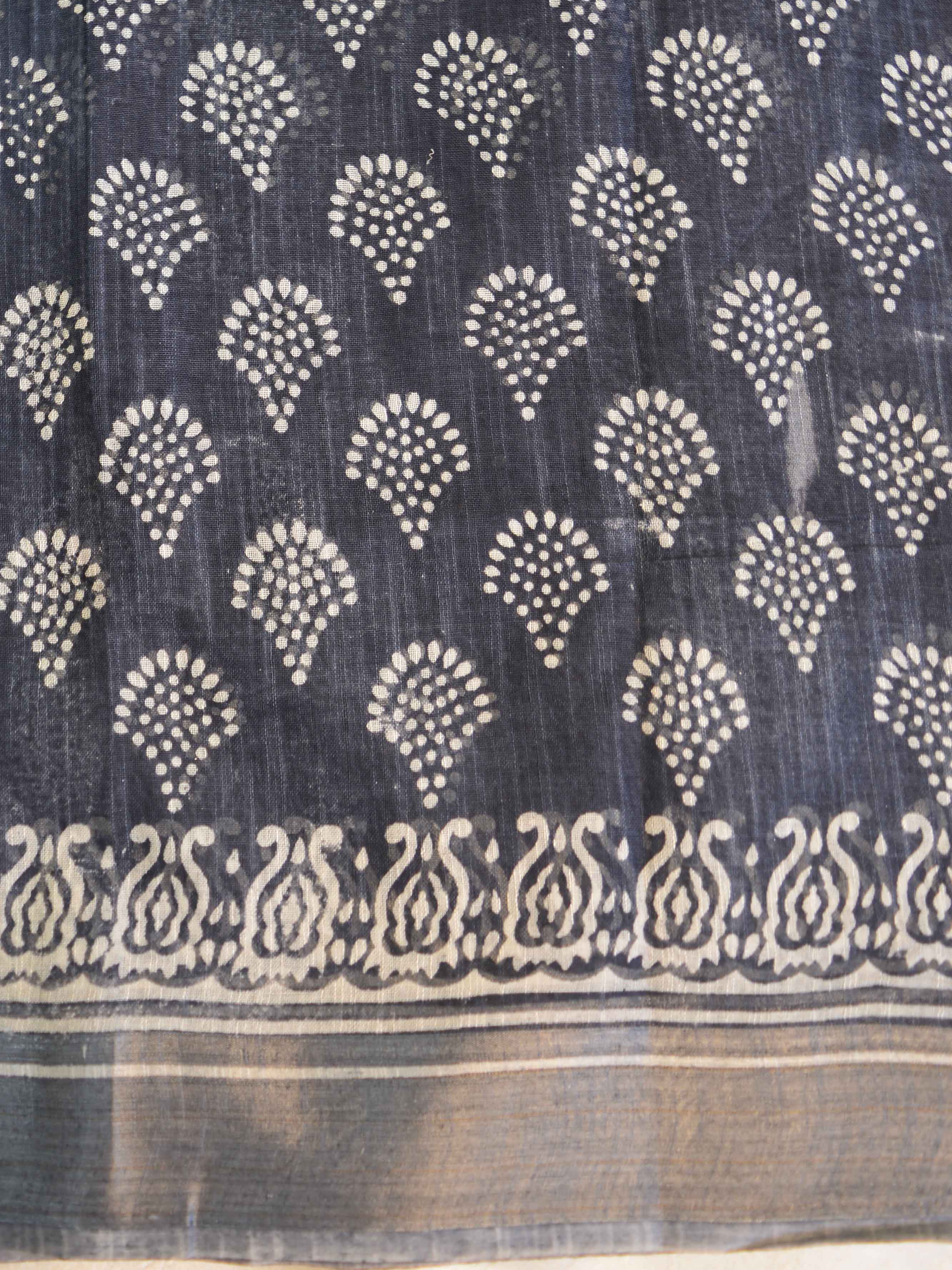 Bhagalpuri Handloom Pure Linen Cotton Block Printed Saree-Grey