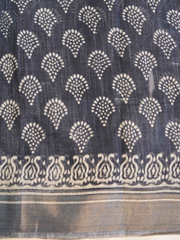 Bhagalpuri Handloom Pure Linen Cotton Block Printed Saree-Grey