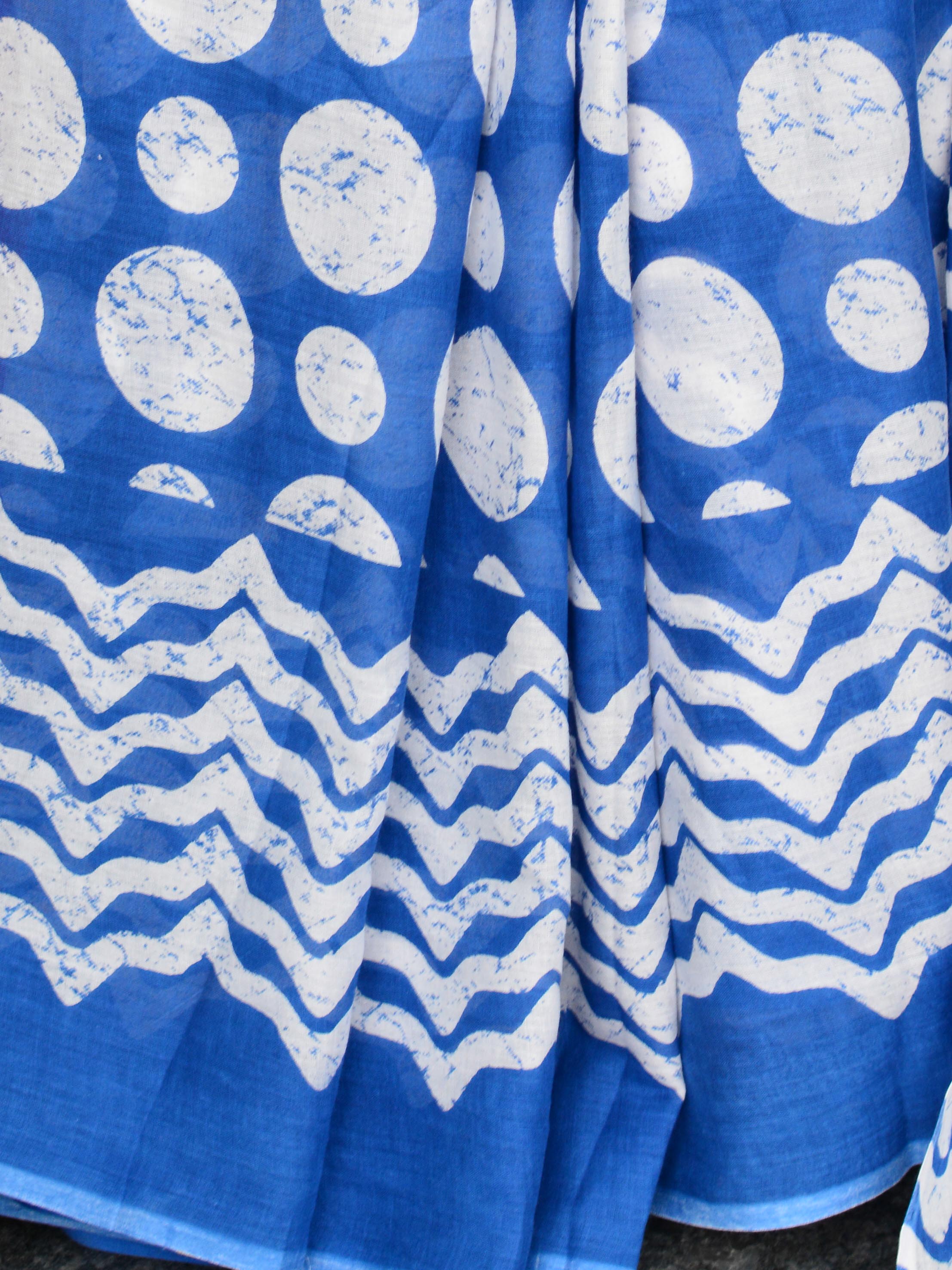 Handloom Mul Cotton Block Print Saree-Blue & White
