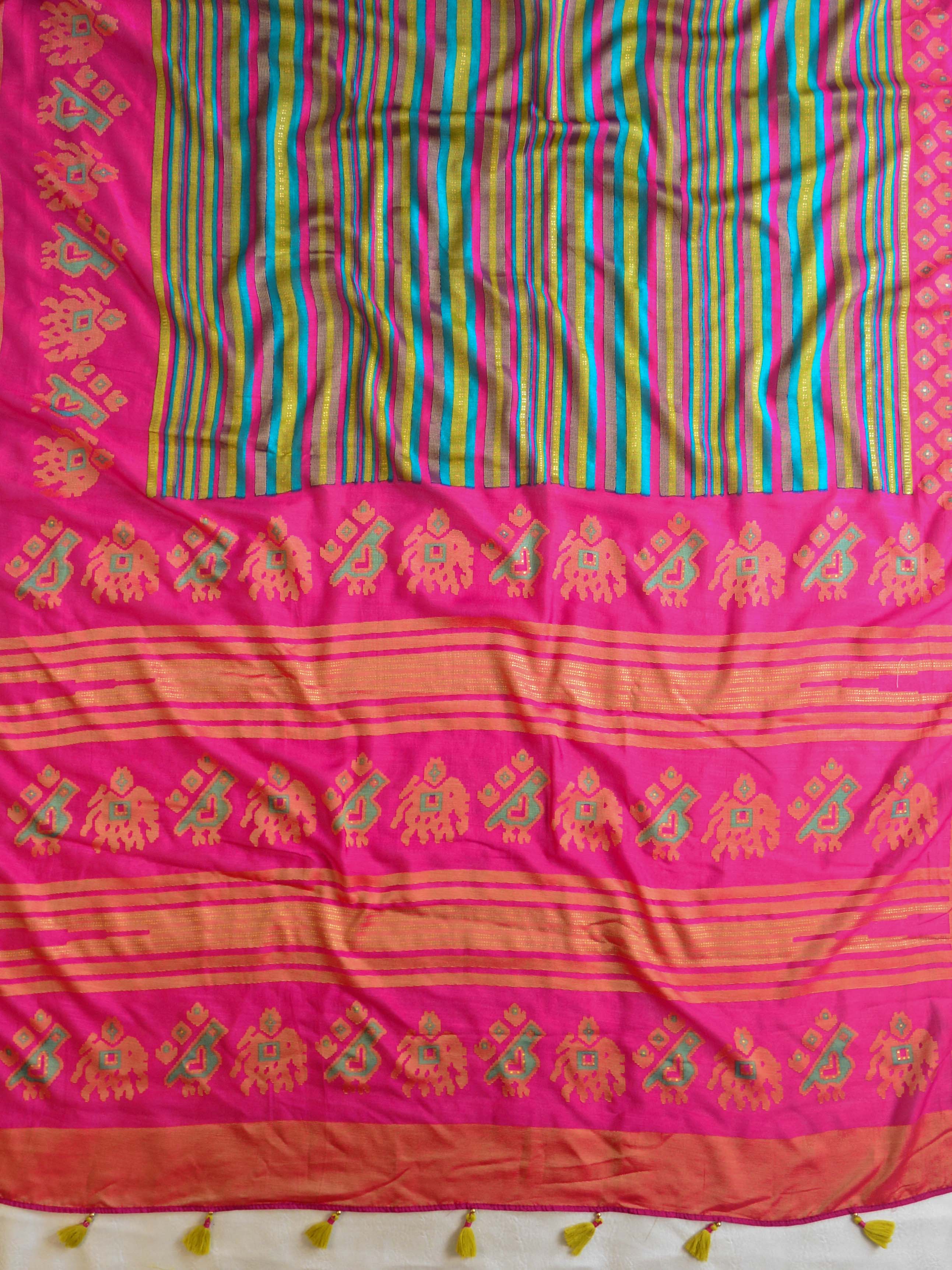 Banarasee Brasso Silk Patola Saree with Meena Border Design With Contrast Embroidered Blouse-Multicolor