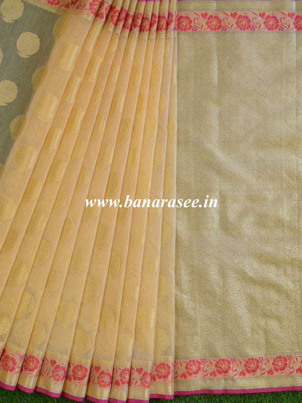 Banarasee Cotton Silk Mix Kota Checks Saree With Meena Floral Border-Ivory White