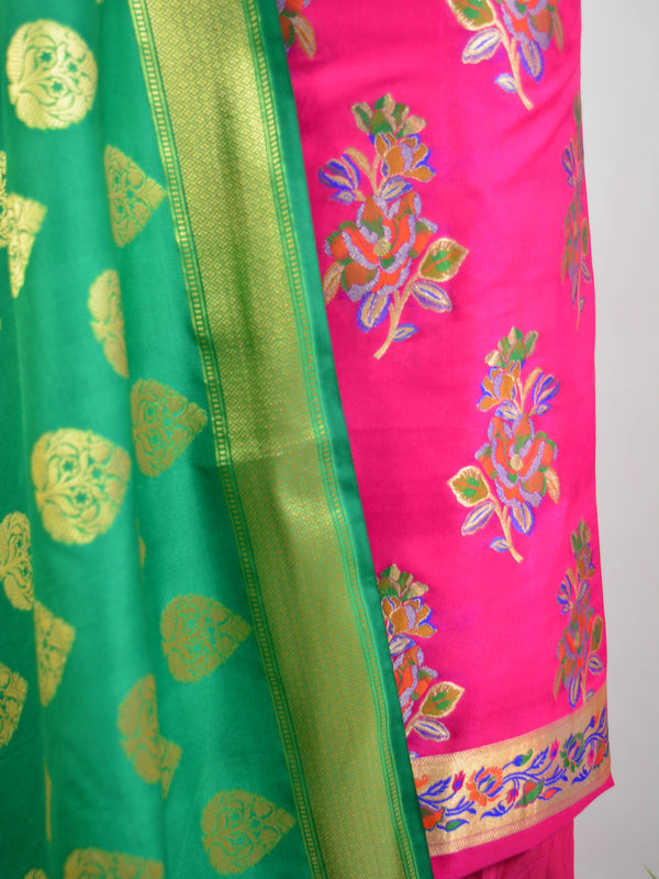 Banarasee Salwar Kameez Semi Katan Silk Zari & Meena Buta Fabric With Contrast Dupatta-Magenta