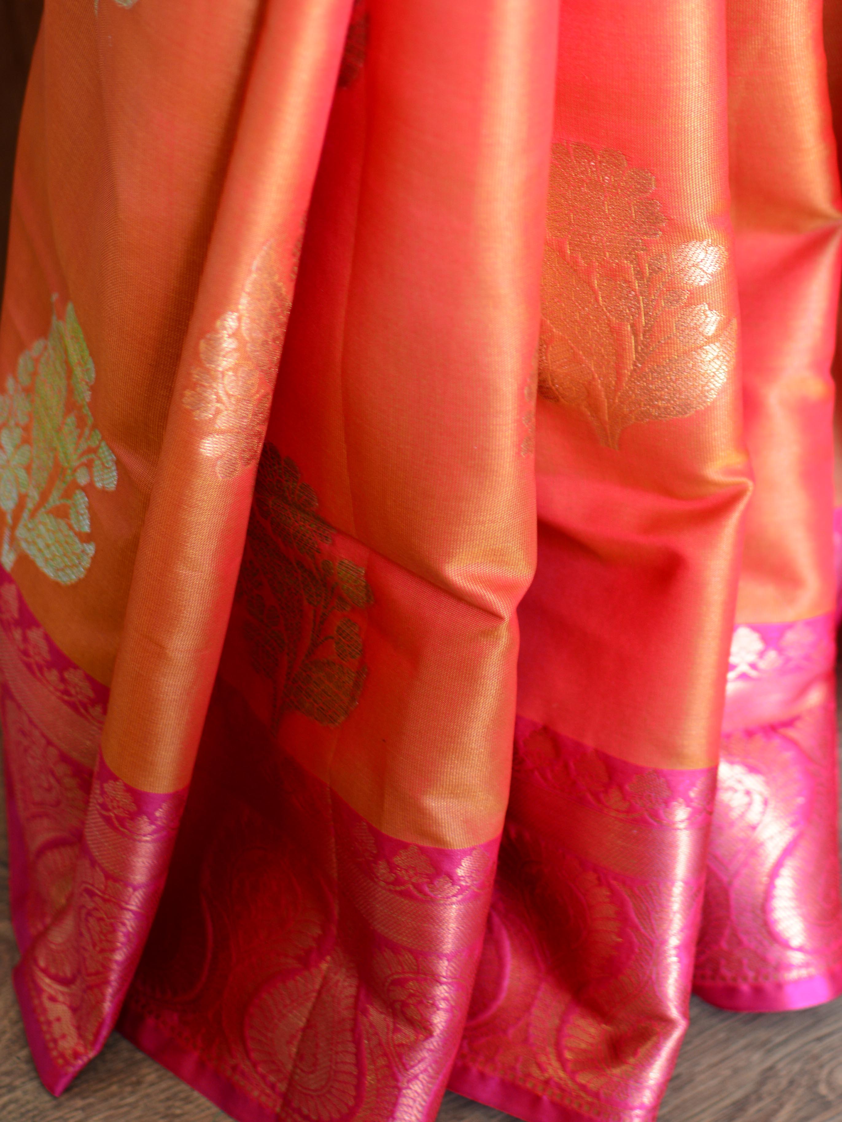 Banarasee Handloom Linen Silk Mix Antique Zari Buta Saree-Orange