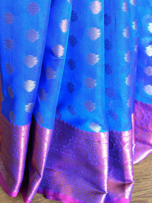 Banarasee Cotton Silk Saree With Antique Zari Buti & Contrast Floral Border-Blue