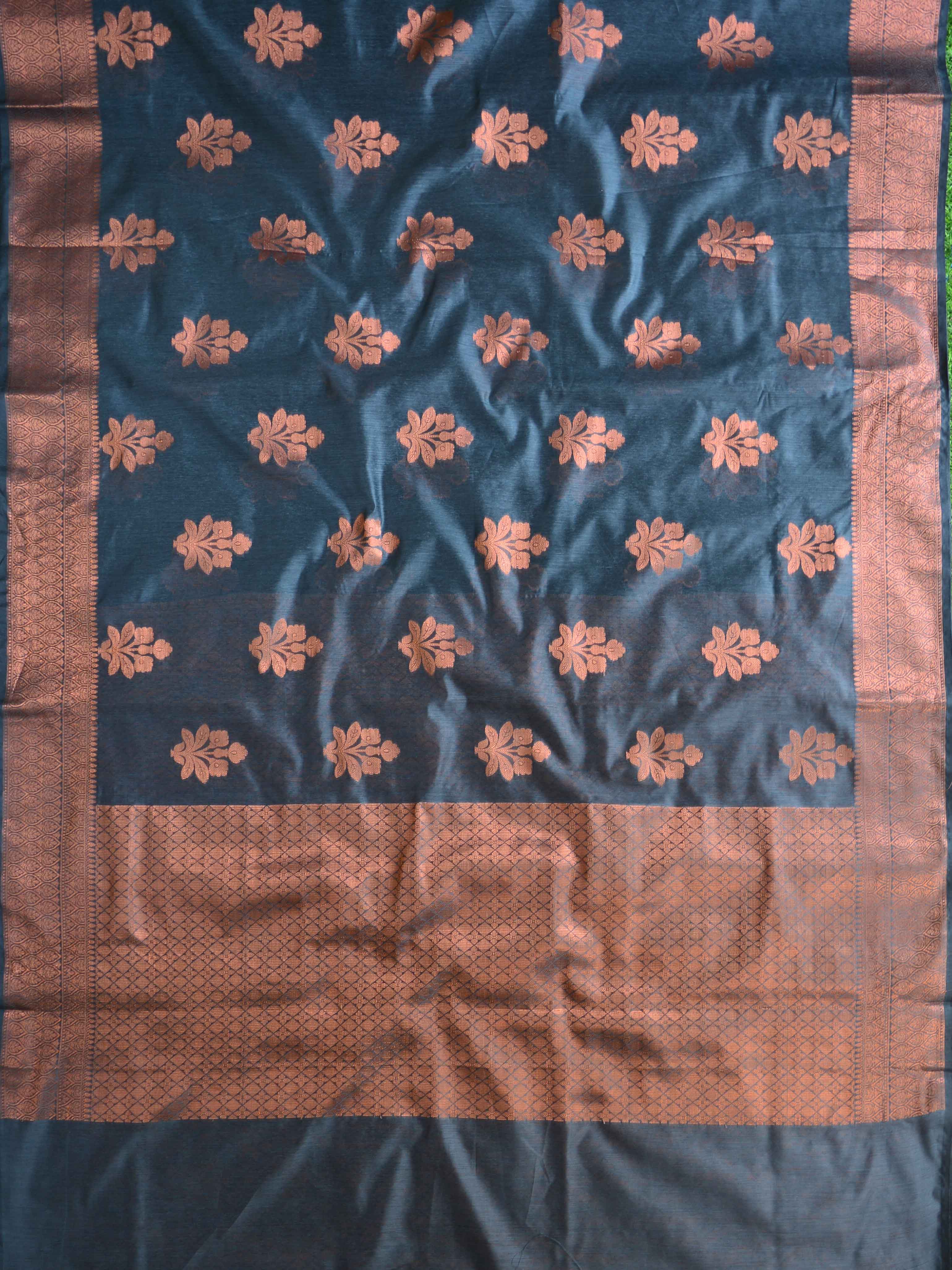 Banarasee Cotton Silk Saree With Copper Zari Buta & Border-Blue