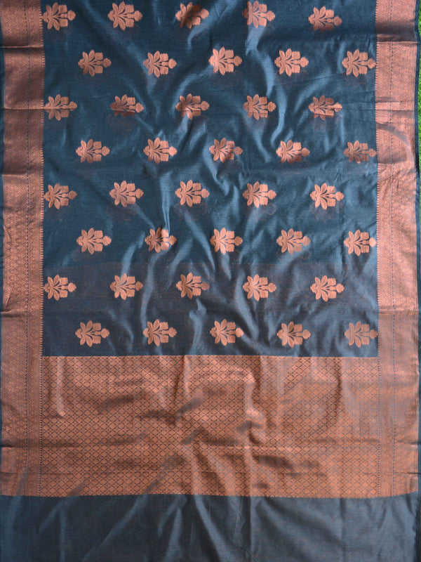 Banarasee Cotton Silk Saree With Copper Zari Buta & Border-Blue