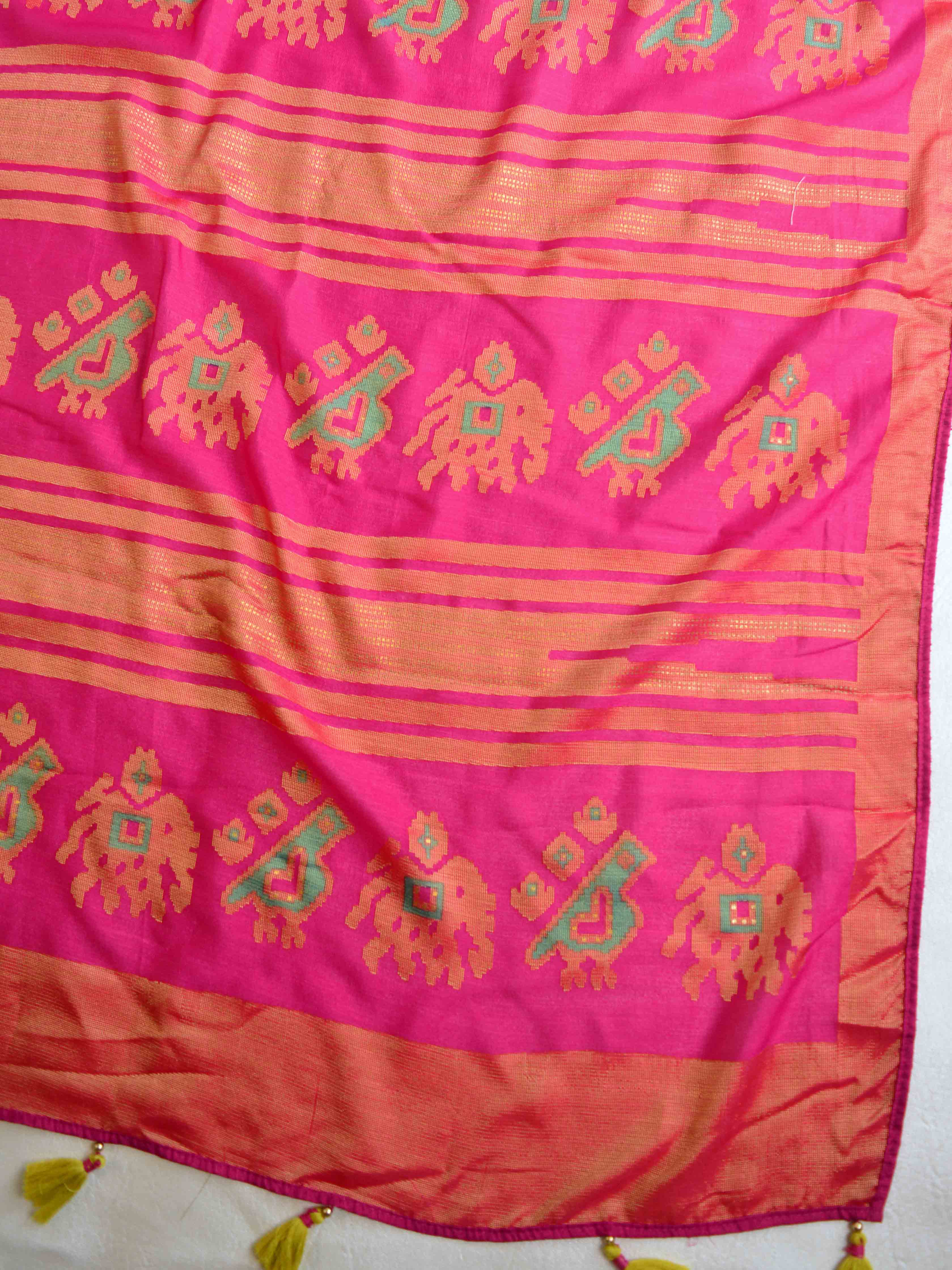 Banarasee Brasso Silk Patola Saree with Meena Border Design With Contrast Embroidered Blouse-Multicolor