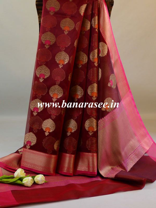 Banarasee Organza Mix Saree With Zari Buta & Border-Brown