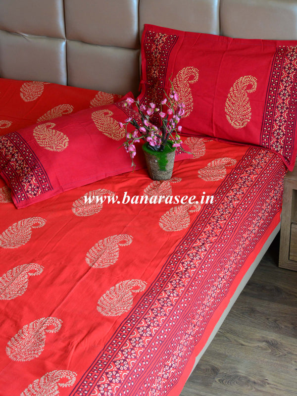 20x20 Cotton Handblock Printed King Size Bedsheet-Red