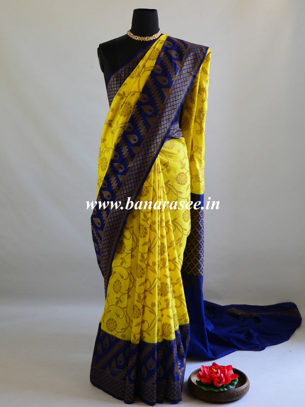 Banarasee Handwoven Semi Silk Saree With Contrast Border-Yellow & Blue