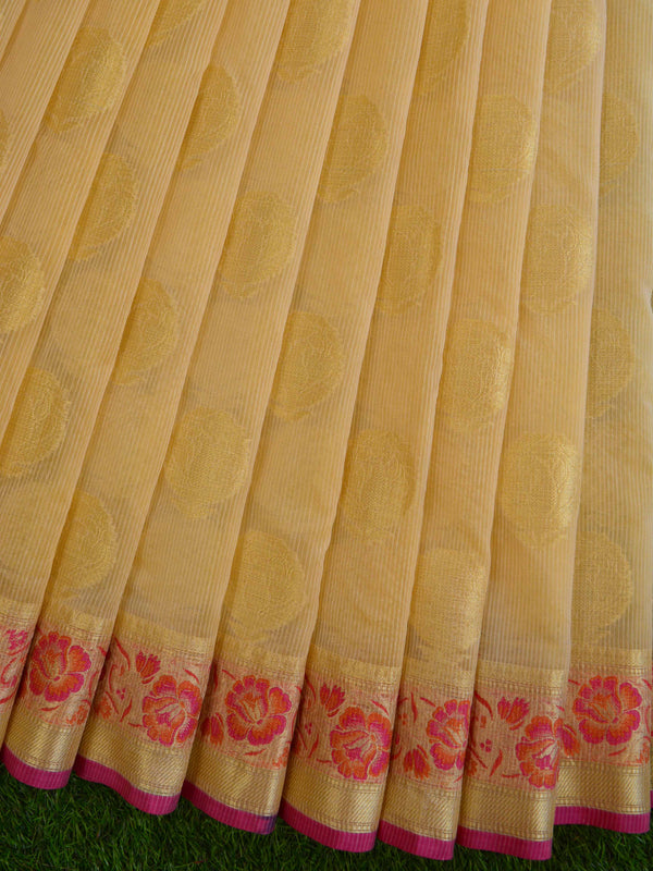 Banarasee Cotton Silk Mix Kota Checks Saree With Meena Floral Border-Ivory White