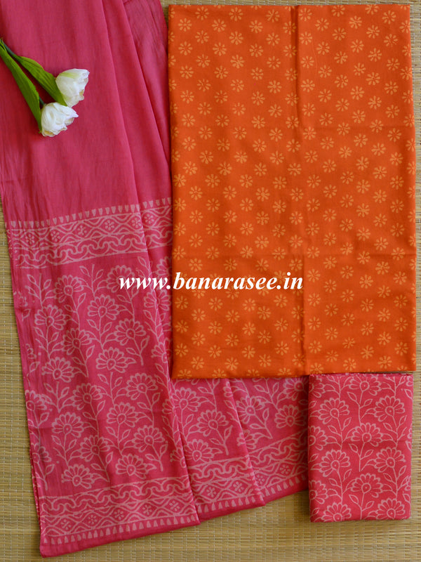 Handloom Mul Cotton Handblock Printed Suit Set-Orange & Pink